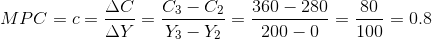 MPC=c=\frac{\Delta C}{\Delta Y}=\frac{C_{3}-C_{2}}{Y_{3}-Y_{2}}=\frac{360-280}{200-0}=\frac{80}{100}=0.8