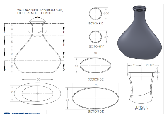 WALL THICKNESS IS CONSTANT 1MM, EXCEPT AT MOUTH OF BOTTLE 20 SECTION K-K 20 20 20 SECTION F-F 50 20 20 1RI TYP 25 13 50 SECTION E-E 75 25 35 DETAIL J SCALE 2:1 SECTION D-D