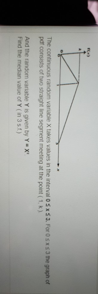 The continuous random variable x takes values in the interval 0 SXS 3. For 0 sxs 3 the graph of pdf consists of two straight
