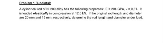 Problem 1 (6 points): A cylindrical rod of Ni 200 alloy has the following properties: E = 204 GPa, v = 0.31. It is loaded ela