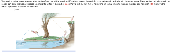The drawing below shows a person who, starting from rest at the top of a cliff, swings down at the end of a rope, releases it