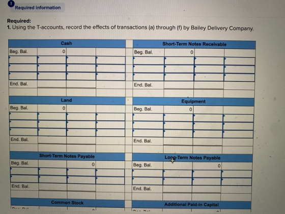 Required information Required: 1. Using the T-accounts, record the effects of transactions (a) through (f) by Bailey Delivery