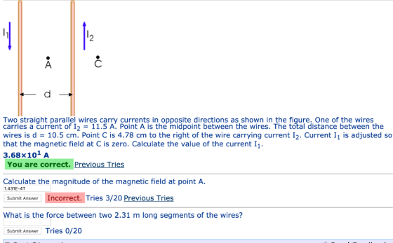 Two straight parallel wires carry currents in opposite directions as shown in the figure. One of the wires carries a current