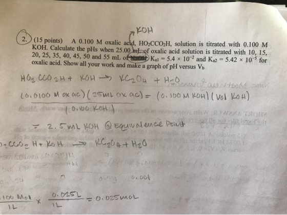 а он (15 points) A 0.100 M oxalic acid, HO,CCOH, solution is titrated with 0.100 M KOH. Calculate the pHs when 25.00 mL of ox