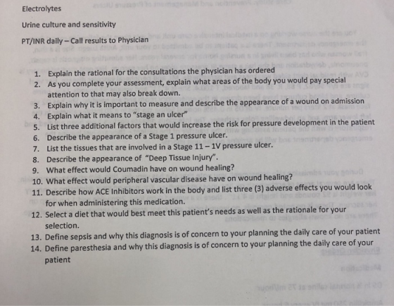 Electrolytes Urine culture and sensitivity PT/INR daily - Call results to Physician atta 1. Explain the rational for the cons