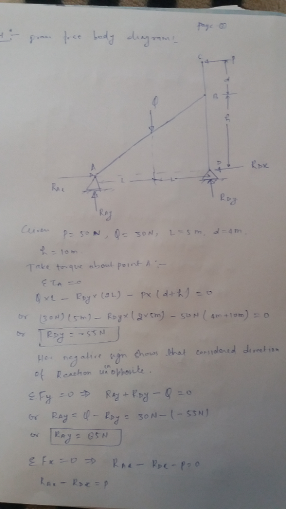 - pran free body diagram > Curen p=50N, O=30N, 2=5 m, d = 4 m - Tom Take tor que about point A :- {TA =0 8x2 - Royr (9L) - Px