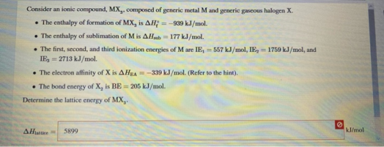 Consider an ionic compound, MX, composed of generic metal M and generic gaseous halogen X. • The enthalpy of formation of MX,
