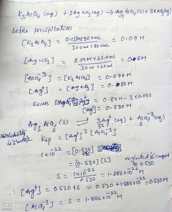 Kz As Oy Lag) + 3Ag Noz laq) → AG AS O p (s) + 3 K Nglag) before precipitation von [k? As Oy] =0 ruden - 0. ISBNX 30.0m2 - 0.