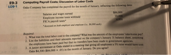 E9-3 LUY Computing Payroll Costs: Discussion of Labor Costs Oaks Company has completed the payroll for the month of January,