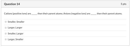 Question 14 5 pts Cations (positive ions) are __then their parent atoms; Anions (negative ions) are __then their parent atoms