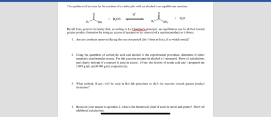 The synthesis of an ester by the reaction of a carboxylic with an alcohol is an equilibrium reaction. H - R-OH HO ROH R OR, R