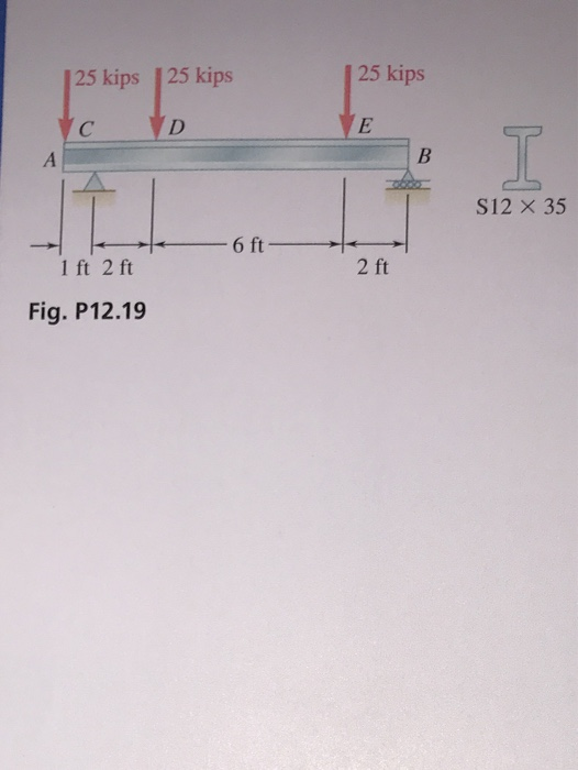 25 kips 25 kips 25 kips c D Ε A S12 x 35 6 ft 1 ft 2 ft 2 ft Fig. P12.19
