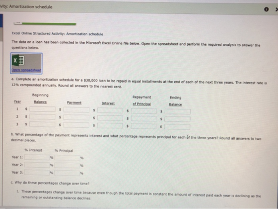 wity. Amortization schedule Excel Online Structured Activity: Amortization schedule The data on a loan has been collected in