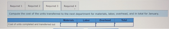 Required 1 Required 2 Required 3 Required 4 Compute the cost of the units transferred to the next department for materials, l