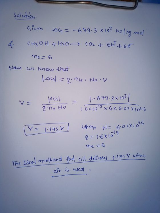 Sol ubon VPGl679.3x 10 2 G 60 2Xlo The Ideal methand fuel cell dolluey 1.17 air is we ω_