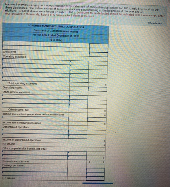 Prepare Schembris single, continuous multiple-step statement of comprehensive income for 2021, including earnings per share