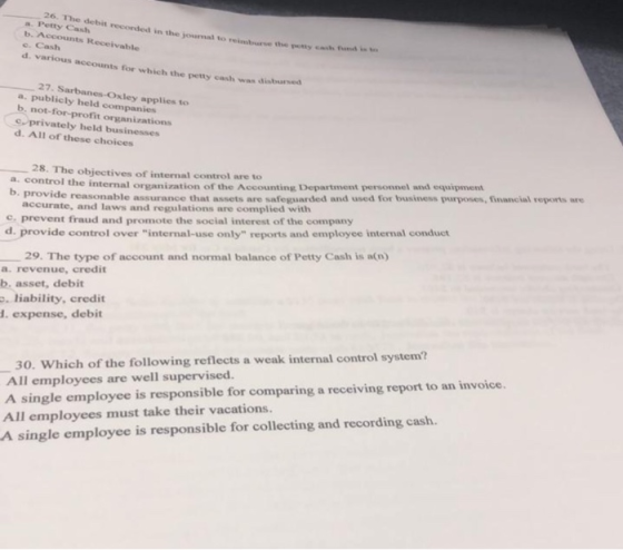he debit recorded in the w Petty Cash b. Accounts Receivable all to Cash the d Various Accounts for which they cash was died
