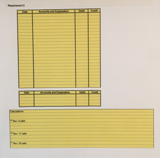 Requirement 2 Date Accounts and Explanation Debit Credit Accounts and Explanation Debit Credit Calculations: Nov. 6 sale: Nov