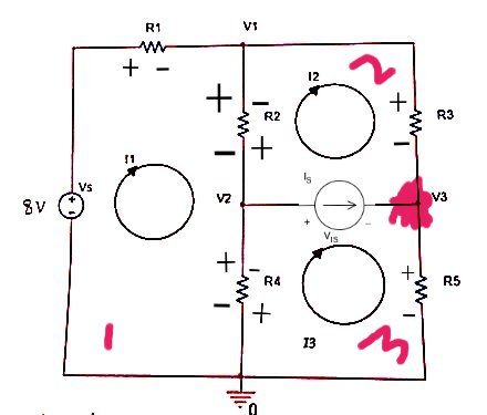 R1 VE + 12 + R2 + 1 R3 - + 11 Is VS Vz V3 8v Vis + 1 + R4 R5 + 3 13