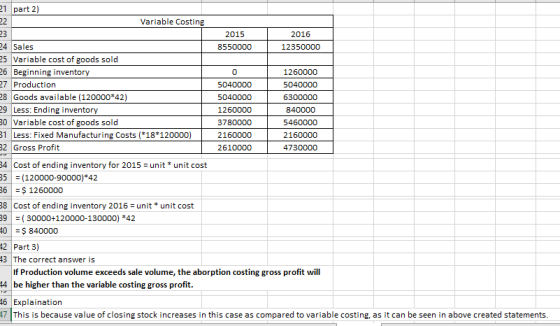 0 21 part 2) Variable Costing 2015 2016 24 Sales 8550000 12350000 25 Variable cost of goods sold 26 Beginning inventory 12600