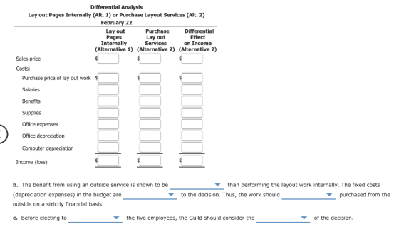 Differential Analysis Lay out Pages Internally (Alt. 1) or Purchase Layout Services (Alt. 2) February 22 Lay out Pages Intern