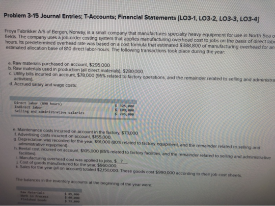 Problem 3-15 Journal Entries; T-Accounts; Financial Statements [LO3-1, LO3-2, LO3-3, LO3-4] Froya Fabrikker A/S of Bergen, No