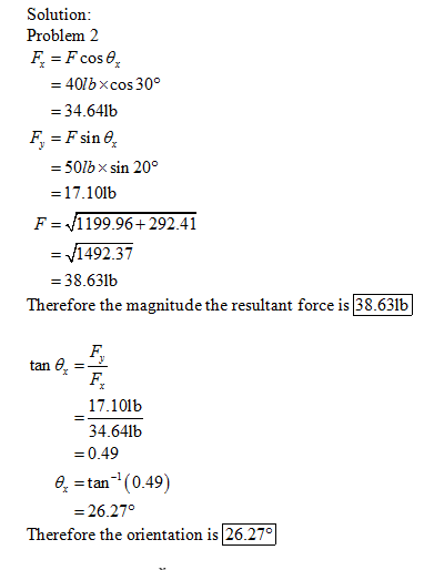 Solution Problem 2 -F cos - 40lbxcos 30° 34.641b F) = F sine. - 501b xsin 20° 17.101b F 1199.96+292.41 1492.37 38.631b Theref