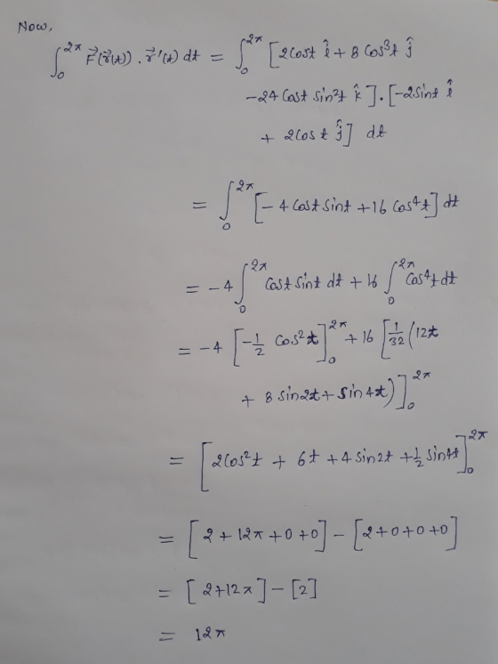 Now, 27 27 Fot) . (t) dd = [2lost i + 8 Cost -24 Cast Sinzt ř]. [-2sint + 2005 & f] dt 97 4 Cost Sint +1660544] (2x Cost sin