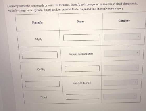 Correctly name the compounds or write the formulas. Identify each compound as molecular, fixed-charge ionic, variable-charge