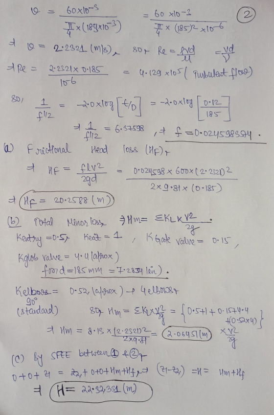 2 IX (185)2 +10-6 60x10-3 60x10-3 Ix (189x1053) ot o= 2.2321 (M/B, 800 Re=fvd M 2.2321 x 0.185 4- 129x105( Turbulent flow) vd