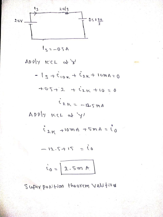 2013 20 V 3.5 + 20 3 Is=-0.5A Apply ICCL at je -1s + cvok + cek + TOMATO +0.5 + 2 + Cek + 10 20 iek - 125mA Apply KCL at y ia