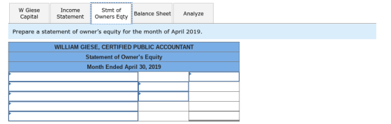 W Giese Income Stmt of Capital Statement wnrs EqtySheetAnalyze Prepare a statement of owners equity for the month of April 2019. WILLIAM GIESE, CERTIFIED PUBLIC ACCOUNTANT Statement of Owners Equity Month Ended April 30, 2019