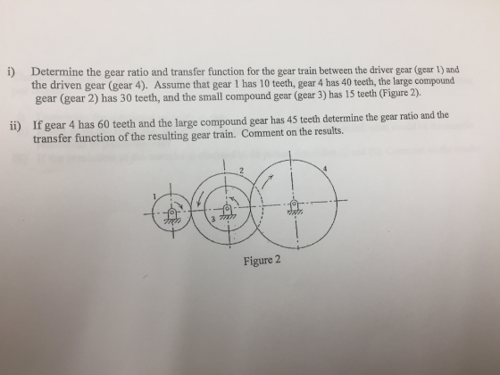 i) Determine the gear ratio and transfer function for the gear train between the driver gear (gear 1) and the driven gear (ge