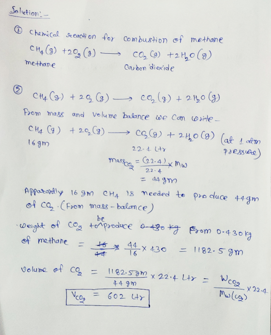 Solution -- Chemical reaction for CH4 (8) +20 (9) - methane combustion of methane COR (9) +2H0 () Carbon dioxide 2 CH4 CHA (g