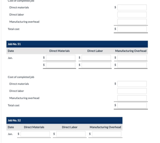 Lost of completed job Direct materials Direct labor Manufacturing overhead Total cost Job No. 51 Date Direct Materials Direct