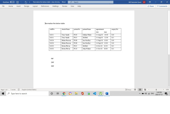 AutoSave Off Normalize the below table-class Activity - Word Search MD Rashedul Islam MR File Home Insert Design Layout Refer