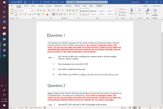 AutoSave On Ch. 3 hw(222a) - Read Only - Word Search Fang, Zhou Z File Home Insert Draw Design Layout References Mailings Rev