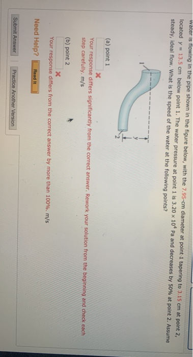 water is Towing in the pipe shown in the figure below, with the 7.95-cm diameter at point 1 tapering to 3.15 cm at point 2, l