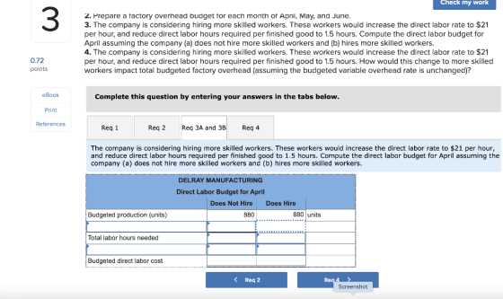 Check my work 2. Prepare a factory overhead budget for each month of April, May, and June. 3. The company is considering hiri