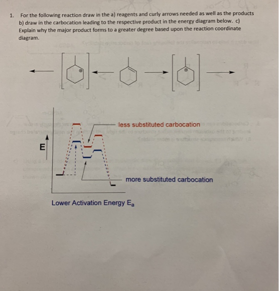 For the following reaction draw in the a) reagents and curly arrows needed as well as the products b) draw in the carbocation leading to the respective product in the energy diagram below. c) Explain why the major product forms to a greater degree based upon the reaction coordinate diagram. 1. less substituted carbocation more substituted carbocation Lower Activation Energy Ea