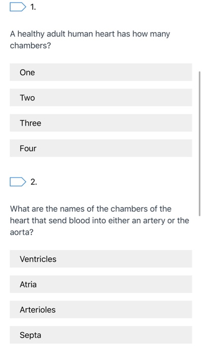 D 1. A healthy adult human heart has how many chambers? One Two Three Four D 2. What are the names of the chambers of the hea
