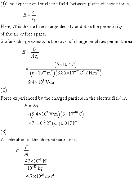 (1)The expression for electic field between plates of capacitor is, Here, σ is the surface charge density and EO is the permi