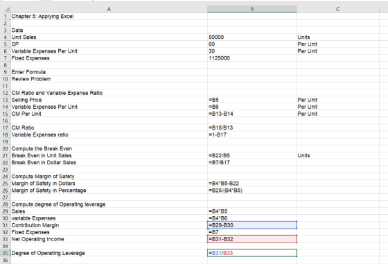 C A B 1 Chapter 5: Applying Excel Data 50000 Unit Sales Units A 5 SP 6 Variable Expenses Per Unit 7 Fixed Expenses 60 Per Uni