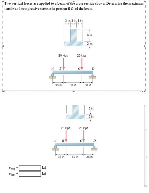 Two vertical forces are applied to a beam of the cross section shown. Determine the maximum tensile and compressive stresses in portion BC of the beam. 3 in. 3 in. 3 in 6 in 2 in 20 kips 20 kips 38 in. 60 in. 38 in. 6 in in. 20 kips 20 kips 38 in 60 in 38 in, ksi top bot ksi