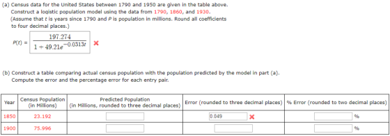 (a) Census data for the United States between 1790 and 1950 are given in the table above. Construct a logistic population mod