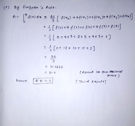 (c) By Simpson & Rule. A= z 1 3 flal dan [ %) ++44*,+2 f121, 3+ 4 f(x3) +41814)] [f10)+4 +10+2 f12)+44(3)+F(4)] }[ 0 +4x3+ 2x