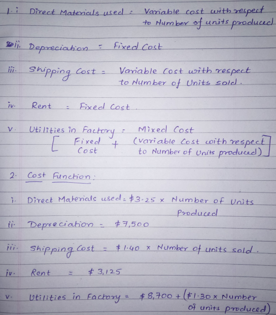 Direct Materials used Variable cost with respect to Number of units produced Dois. Depreciation Fixed cost in Shipping Cost =