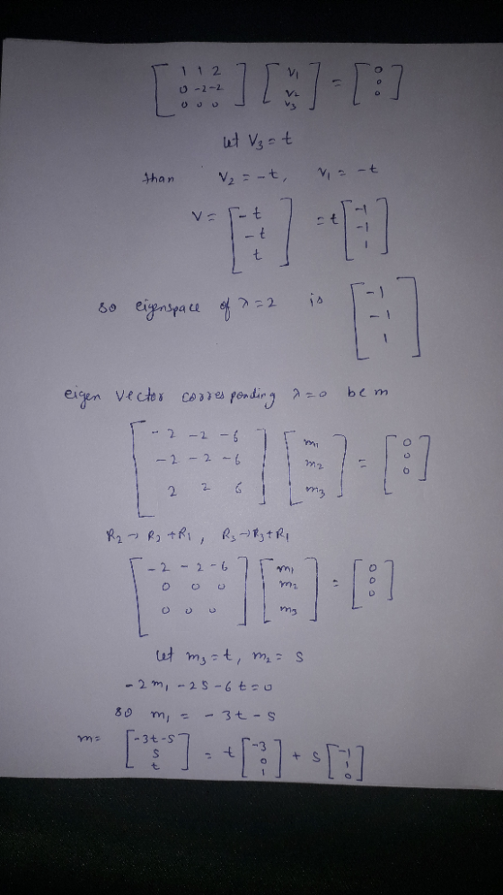 1127 ruz 0-2-2 ODL [S] 1:] et vzot than V₂ = -t, va-t v- r- 1 / so eigenspace of 7=2 is eigen vector corresponding a=0 bem -2