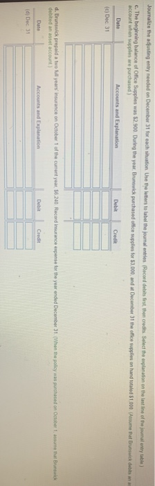 Journalize the adjusting entry needed on December 31 for each situation. Use the letters to label the journal entries (Record