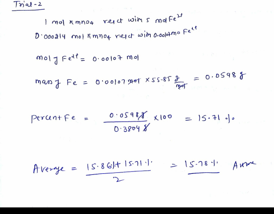 Tnal 2 mol mn04 res ct wih s mol Fe D 000314 nmol K mn04 rej ct wim 0.00l01mo Fet mol Fedt= oo0l0 mol = 0.DS98 man1 Fe - 0 o